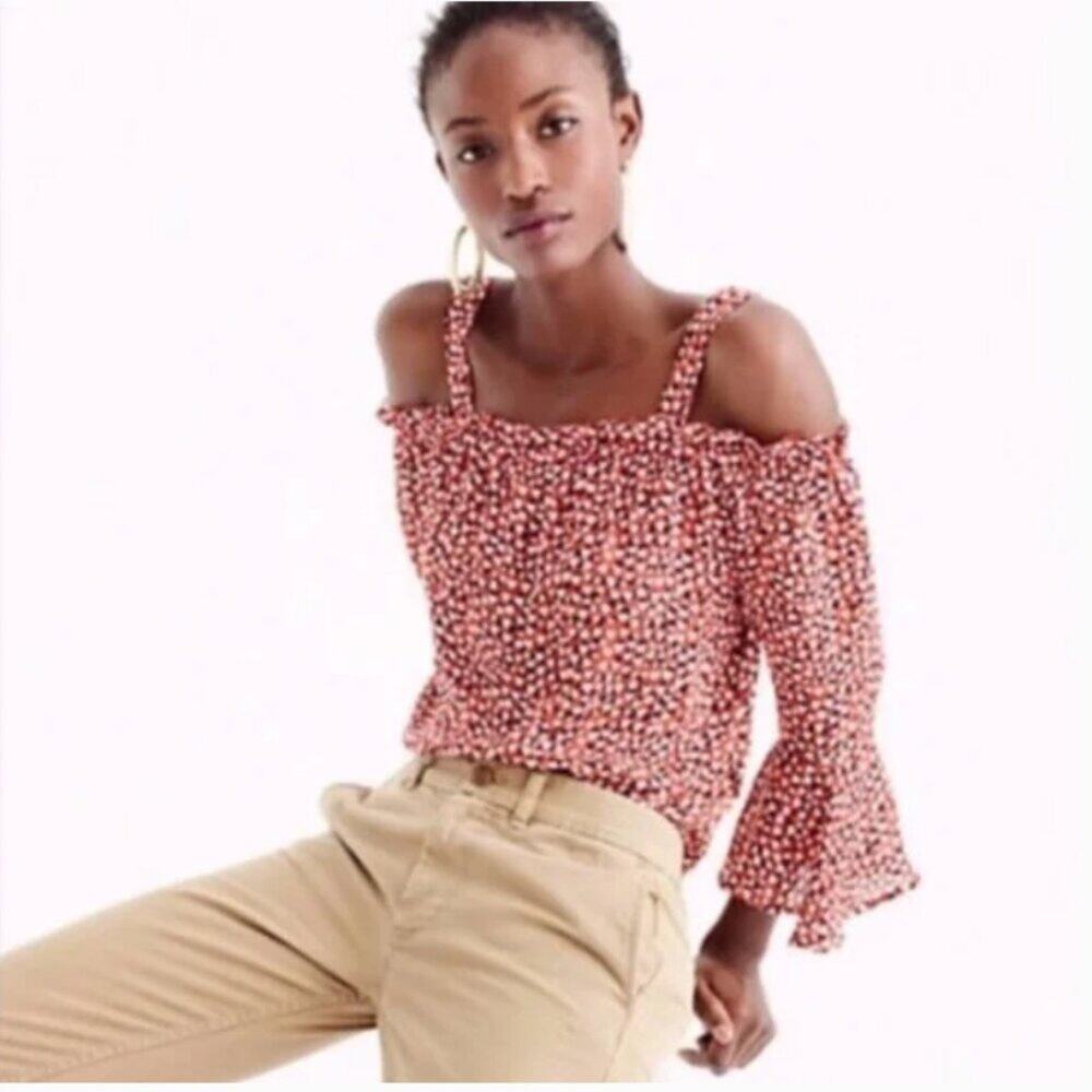 J. Crew Heart Print Off-the-Shoulder Silk Blouse